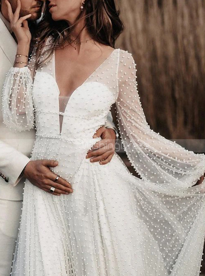 plunging neckline long sleeve wedding dress Romantic Bell Sleeve Plunging Flower Lace Wedding Dress Light Ivory