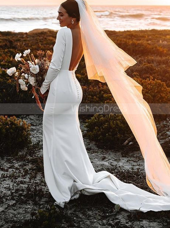 Stretch Crepe Long Sleeve Wedding Dress,Fitted Backless Bridal Gown,WD