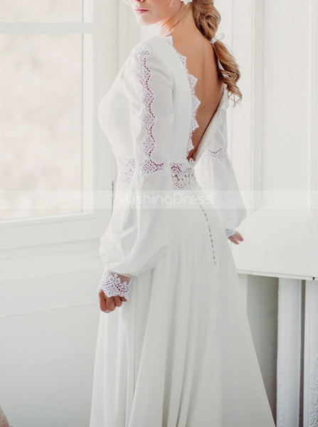Boho Wedding Dress With Bishop Sleeves,V Back Destination Wedding Dress,WD01051