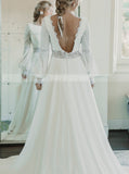 Boho Wedding Dress With Bishop Sleeves,V Back Destination Wedding Dress,WD01051