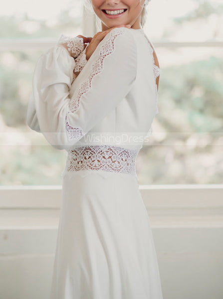 Boho Wedding Dress With Bishop Sleeves,V Back Destination Wedding Dress,WD01051