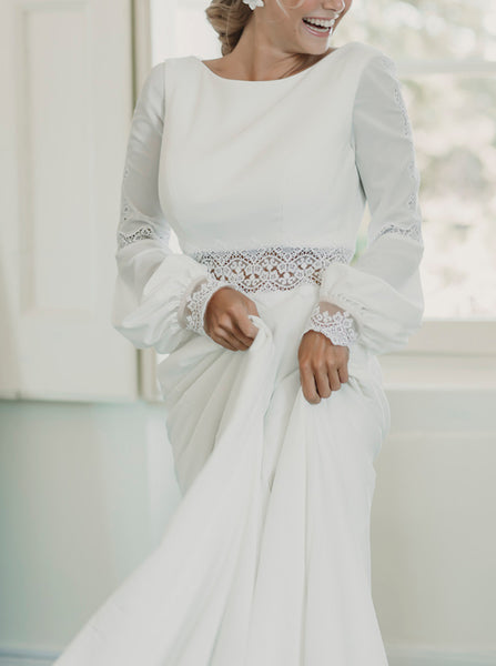 Boho Wedding Dress With Bishop Sleeves,V Back Destination Wedding Dress,WD01051