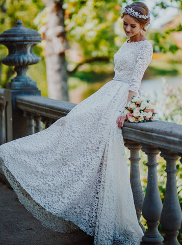 A-line Lace Wedding Dress,Cutout Back Bridal Dress With Sash,WD01053