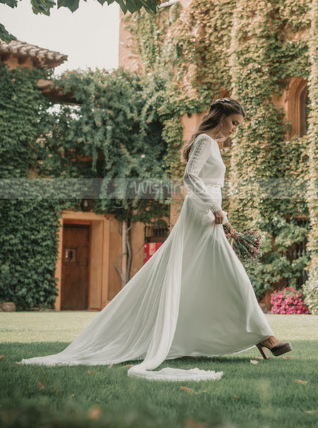 Boho Chiffon Wedding Dress,Bishop Sleeves Bridal Gown,WD01054