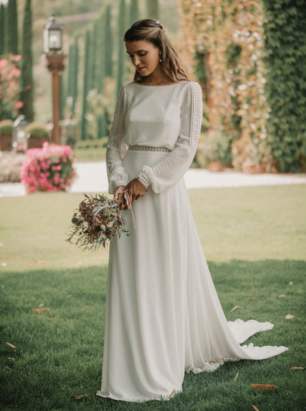 Boho Chiffon Wedding Dress,Bishop Sleeves Bridal Gown,WD01054