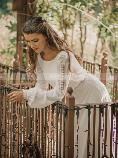 Boho Chiffon Wedding Dress,Bishop Sleeves Bridal Gown,WD01054