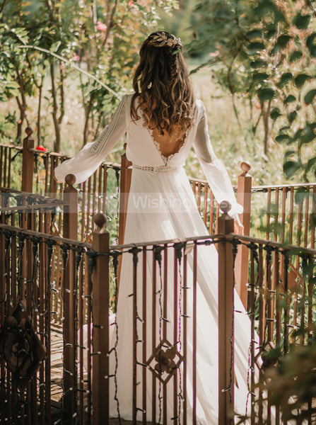 Boho Chiffon Wedding Dress,Bishop Sleeves Bridal Gown,WD01054