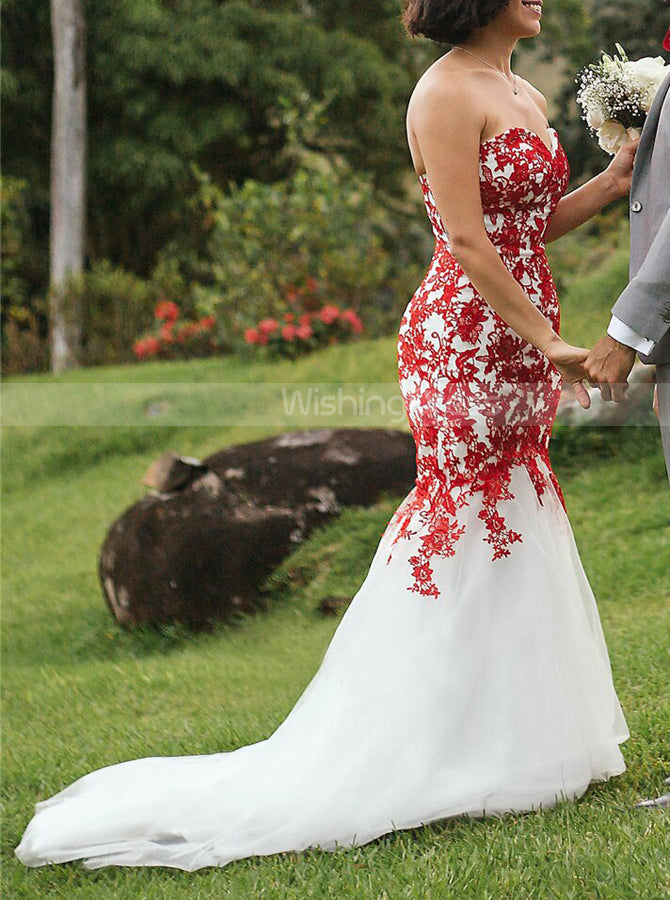 Trumpet Wedding Dress,Red Lace Appliques Over White Tulle Bridal Gown, - Wishingdress Trumpet Wedding Dress,Red Lace Appliques Over White Tulle Bridal Gown, - Wishingdress