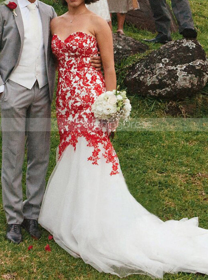 Trumpet Wedding Dress,Red Lace Appliques Over White Tulle Bridal Gown, - Wishingdress Trumpet Wedding Dress,Red Lace Appliques Over White Tulle Bridal Gown, - Wishingdress