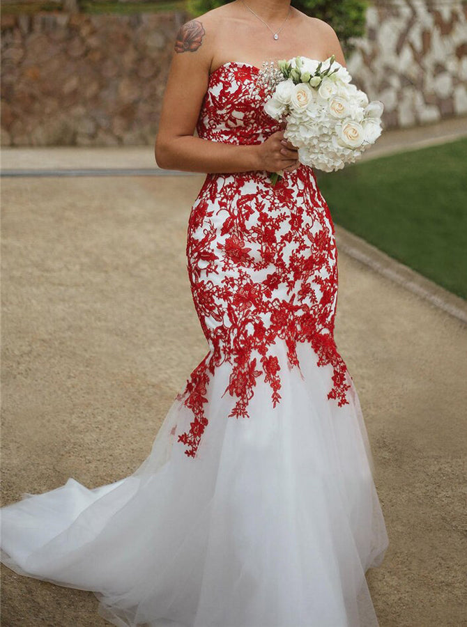 Trumpet Wedding Dress,Red Lace Appliques Over White Tulle Bridal Gown,WD01056 US14W / Champagne