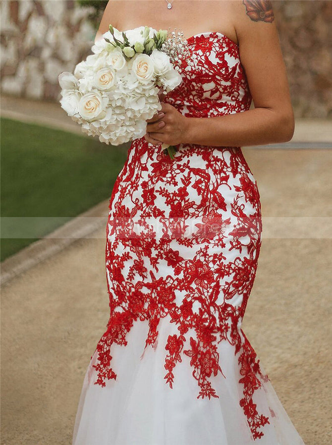 red lace dresses for weddings Strapless Dark Tiered Ball Gown Prom Dress Ruffled Wedding Dr Viniodress The intricate floral pattern texture and depth to the satin or silk fabric Trumpet Wedding Dress,Red Lace Appliques