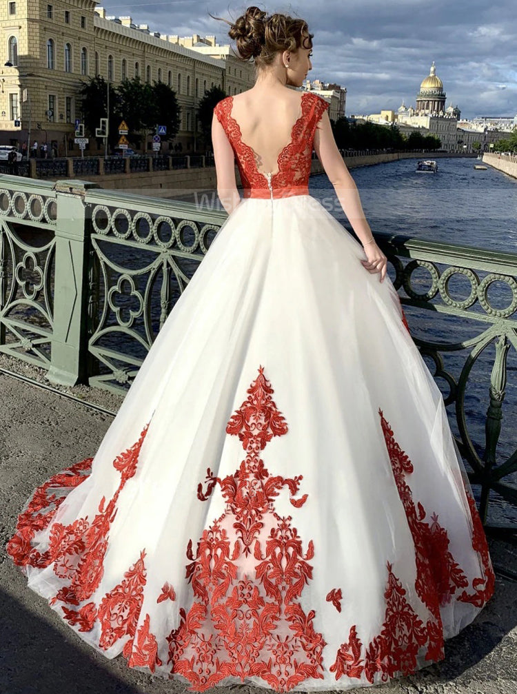 A-line Wedding Dress With High Slit,Red White Bridal Gown,WD01035, US24W / Ivory A-line Wedding Dress With High Slit,Red White Bridal Gown,WD01035, US24W / Ivory