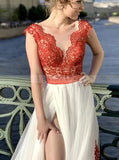 A-line Wedding Dress With High Slit,Red White Bridal Gown,WD01035