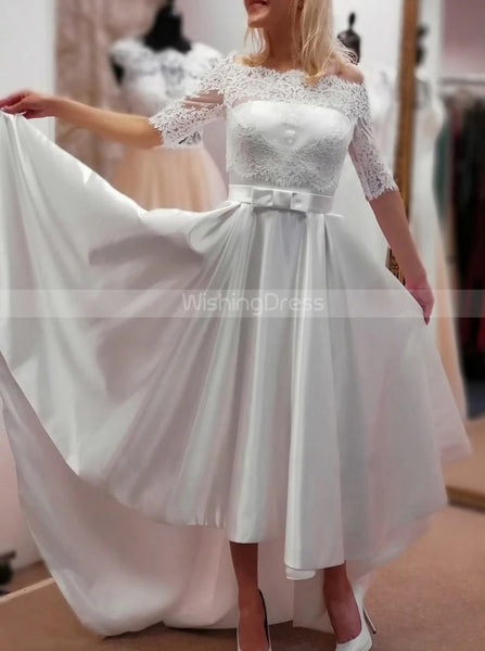 Satin High Low Wedding Dress With Lace Jacket,Classic Bridal Dress,WD01036
