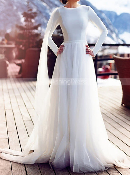 Modest Wedding Dress With Streamers,Simple Wedding Dress With Sleeve,WD01037