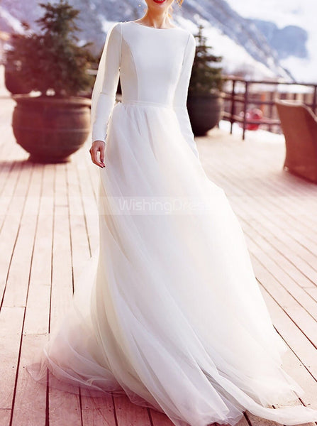 Modest Wedding Dress With Streamers,Simple Wedding Dress With Sleeve,WD01037