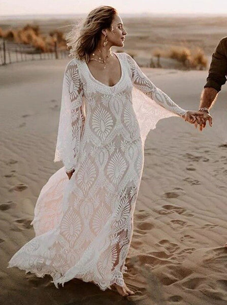 Boho Lace Wedding Dress,Batwing Sleeves Destination Bridal Dress,WD01041