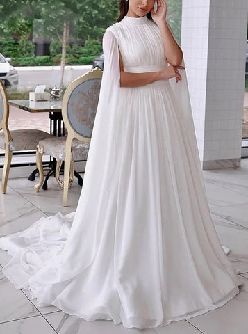 A-line Chiffon Wedding Dress With Cape Sleeves,High Neck Bridal Gown,WD01039