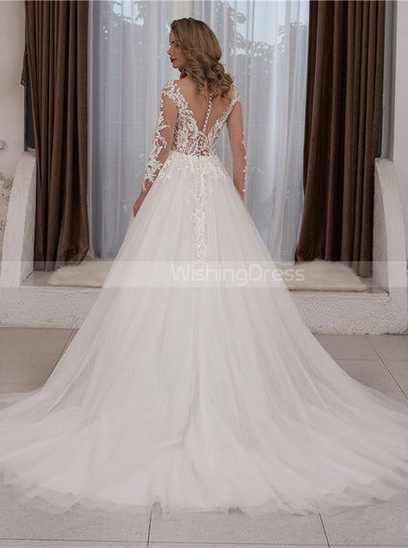 A-line Wedding Gown With Sheer Sleeve,Illusion Neckline Wedding Dress,WD01059