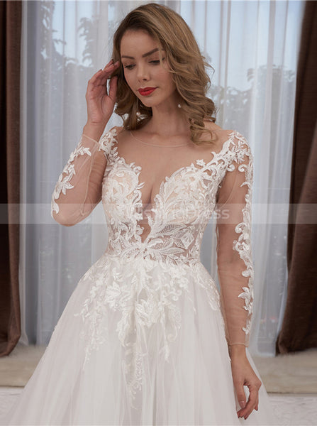A-line Wedding Gown With Sheer Sleeve,Illusion Neckline Wedding Dress,WD01059
