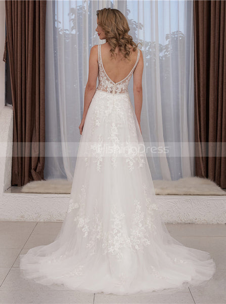 A-line Plunging Neckline Wedding Dress,Lace-appliqued Bridal Gown,WD01060