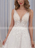 A-line Plunging Neckline Wedding Dress,Lace-appliqued Bridal Gown,WD01060