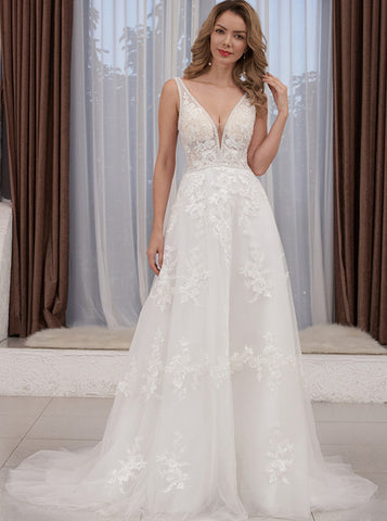 A-line Plunging Neckline Wedding Dress,Lace-appliqued Bridal Gown,WD01060