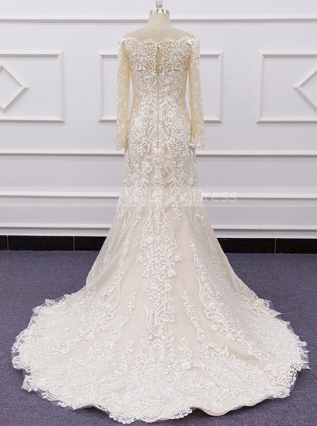 Off The Shoulder Bridal Gown With Sleeve,Fit and Flare Wedding Dress,WD01068