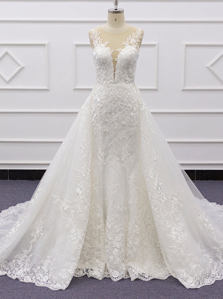 Lace-appliqued Wedding Dress,Mermaid Bridal Gown With Detachable Overskirt,WD01069