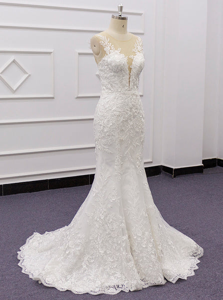 Lace-appliqued Wedding Dress,Mermaid Bridal Gown With Detachable Overskirt,WD01069