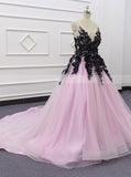 Black And Pink Wedding Gown,Princess V-neck Bridal Gown,WD01071