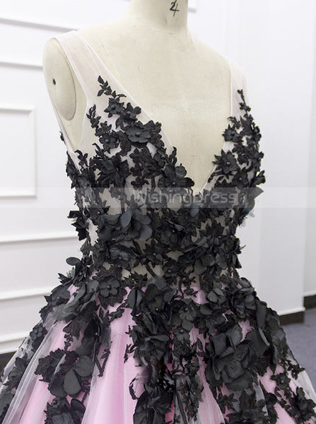 Black And Pink Wedding Gown,Princess V-neck Bridal Gown,WD01071