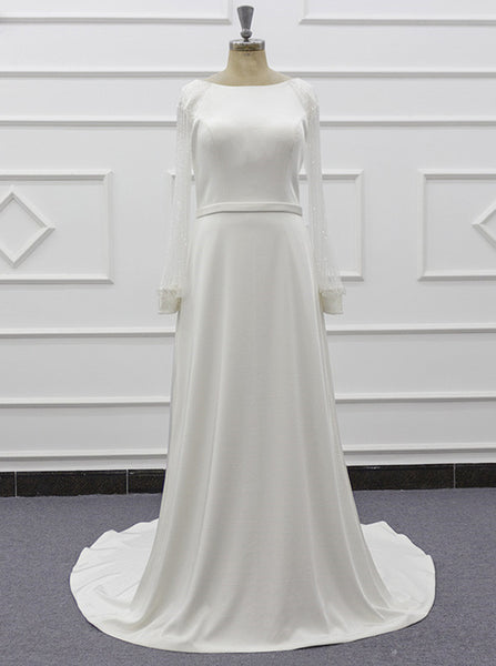 A-line Wedding Dress With Beaded Sleeve,Modest Bridal Dress,WD01074