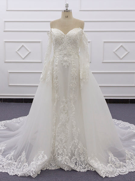 Ivory Off The Shoulder Bridal Dress,Trumpet Wedding Dress With Overskirt,WD01076