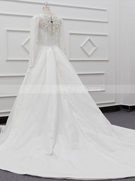 Modest Satin Wedding Gown With Sleeve,Classic Bridal Gown,WD01083