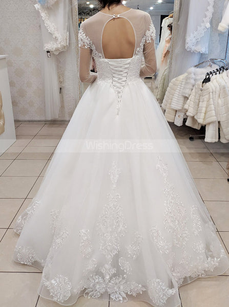 A-line Wedding Gown With Long Sleeve,Floor Length Bridal Gown,WD01086