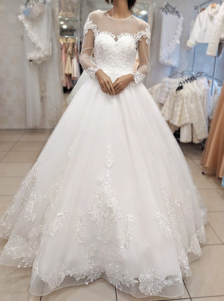 A-line Wedding Gown With Long Sleeve,Floor Length Bridal Gown,WD01086