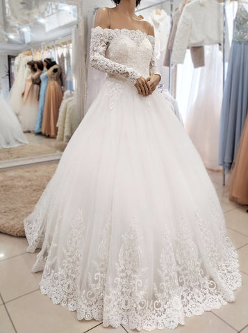A-line Off The Shoulder Wedding Gown,Long Sleeve Princess Wedding Dress,WD01087