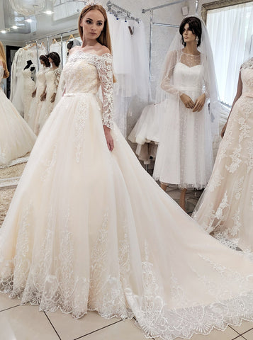 A-line Off The Shoulder Bridal Gown,Long Sleeve Princess Wedding Gown,WD01088