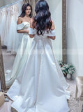 A-line Satin Bridal Dress,Off The Shoulder Wedding Dress With Slit,WD01090