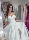 A-line Satin Bridal Dress,Off The Shoulder Wedding Dress With Slit,WD01090
