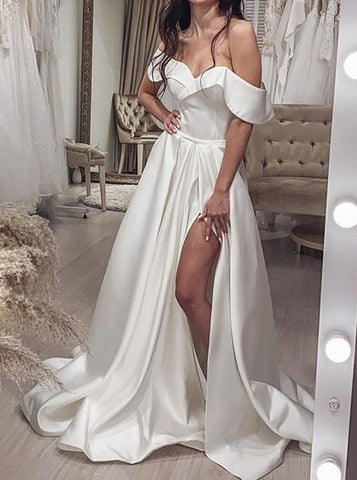 A-line Satin Bridal Dress,Off The Shoulder Wedding Dress With Slit,WD01090