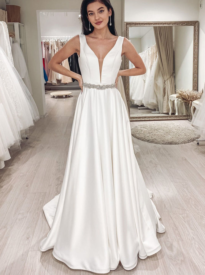 A-line Satin Wedding Dress,Plunging Neckline Wedding Dress,WD01089, US10 / Ivory A-line Satin Wedding Dress,Plunging Neckline Wedding Dress,WD01089, US10 / Ivory