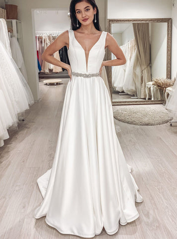 A-line Satin Wedding Dress,Plunging Neckline Wedding Dress,WD01089