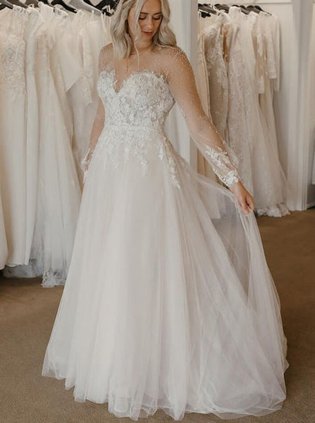 Sheer Neckline Wedding Gown,Romantic Wedding Dress,WD01093