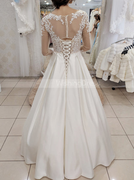 A-line Satin Wedding Gown,Long Sleeve Bridal Dress,WD01095