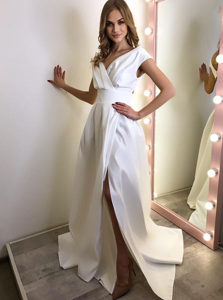 A-line V-neck Wedding Dress,Modern Wedding Dress With Slit,WD01101