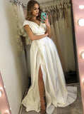 A-line V-neck Wedding Dress,Modern Wedding Dress With Slit,WD01101