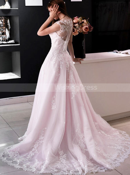 Pink A-line Wedding Gown,Illusion Neckline Bridal Dress,WD01109