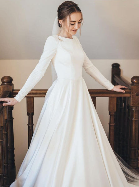 A-line Satin Wedding Dress,Modest Bridal Dress With Sleeve,WD01112